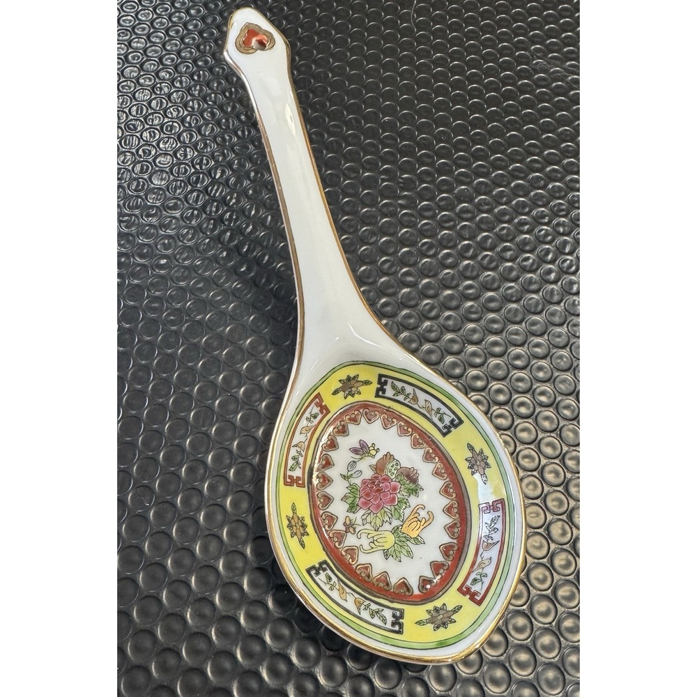 Chinese Porcelain Spoon Rest Famille Rose Style Floral Design Gold Trim 10"